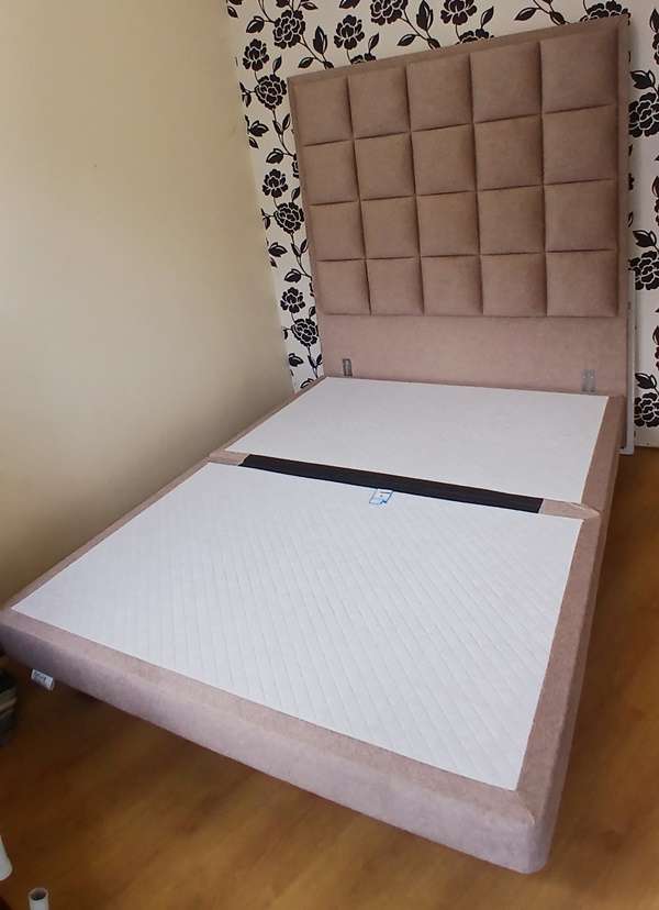 Floating Divan 12" Bed Base from The Natural Sleep Company & matching 6ft high Jade headboard in ELM Fabric.