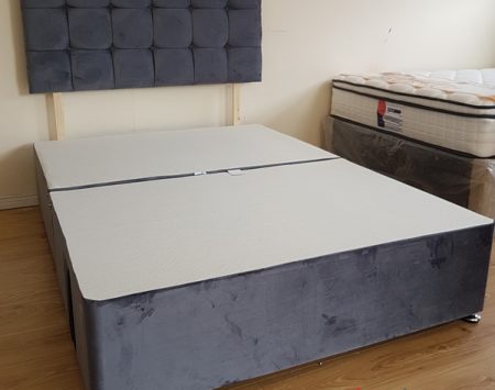 Cube buttoned headboard in plush charcoal & matching 2 drawer base (Mattress not Included)