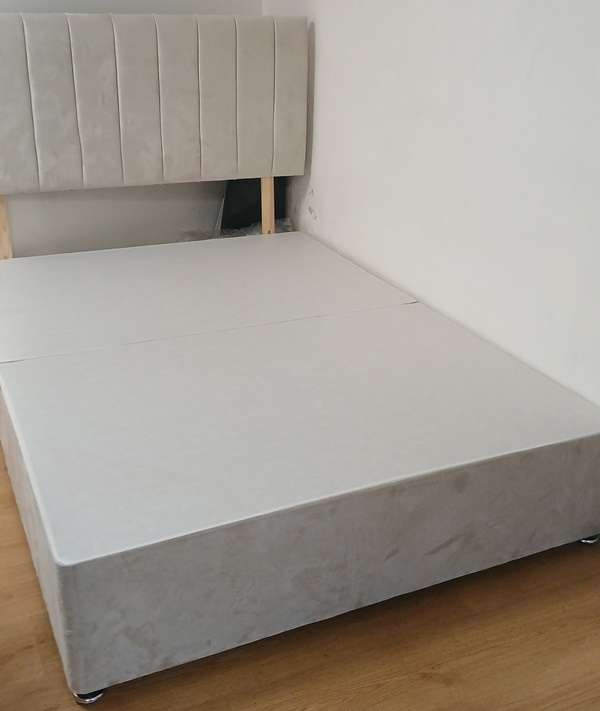 24 inch headboard and base in cream plush vertical lines and matching base