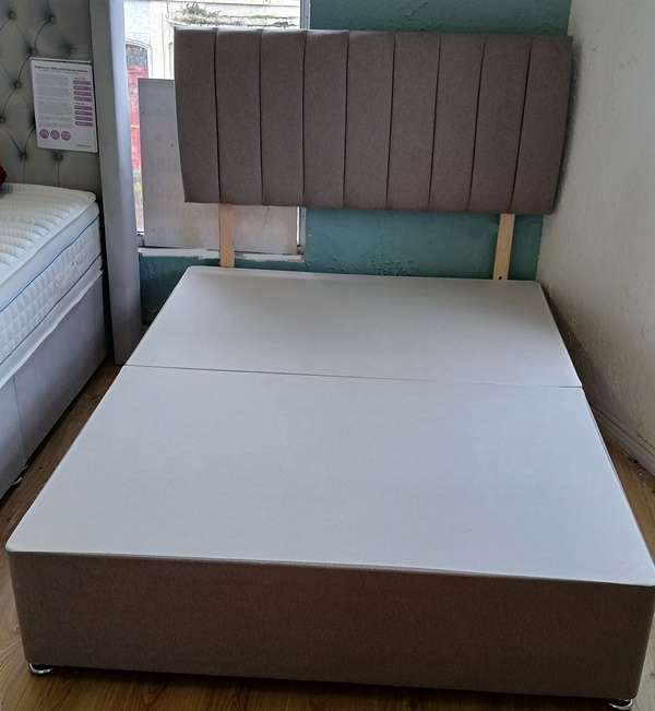 24 inch headboard in wool bronze horizontal lines and matching base. (Mattress not included)