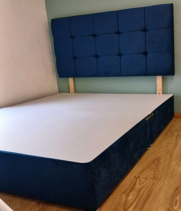 30" cube headboard & matching base in Blue Plush